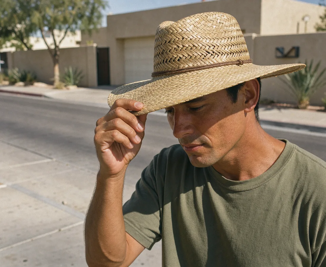 An adult in a wide-brimmed hat shielding their face from desert sunlight.